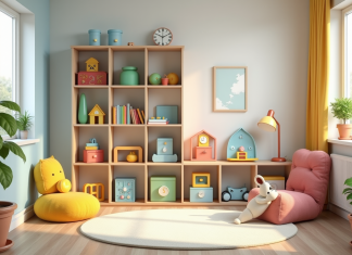 Salle de jeux moderne avec jouets colorés et coin lecture lumineux