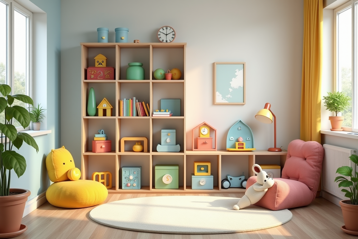 Salle de jeux moderne avec jouets colorés et coin lecture lumineux