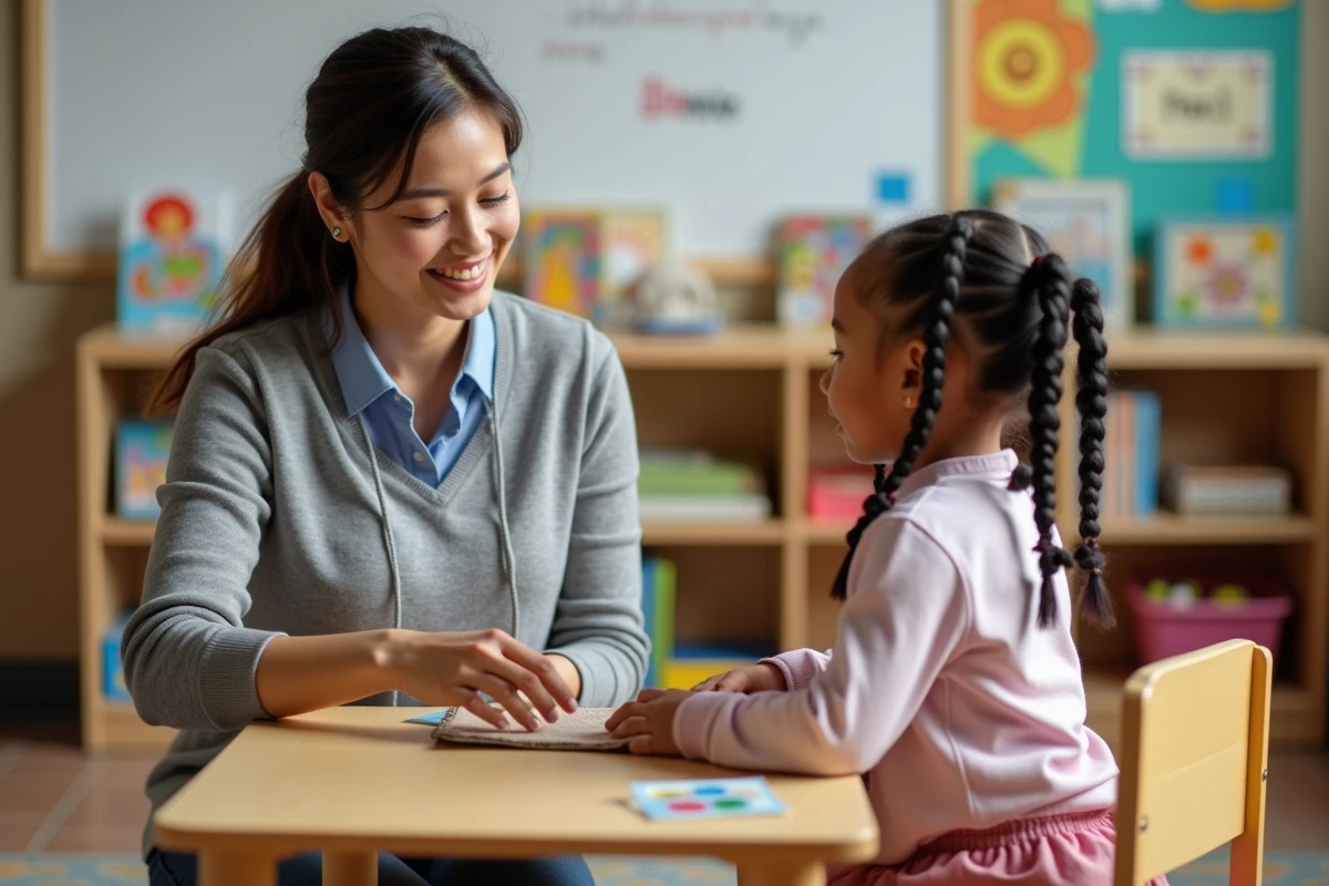 Jeune orthophoniste accompagnant une fillette qui découvre des objets cachés sous un tissu lors d'une séance de jeu Kim en salle de rééducation scolaire