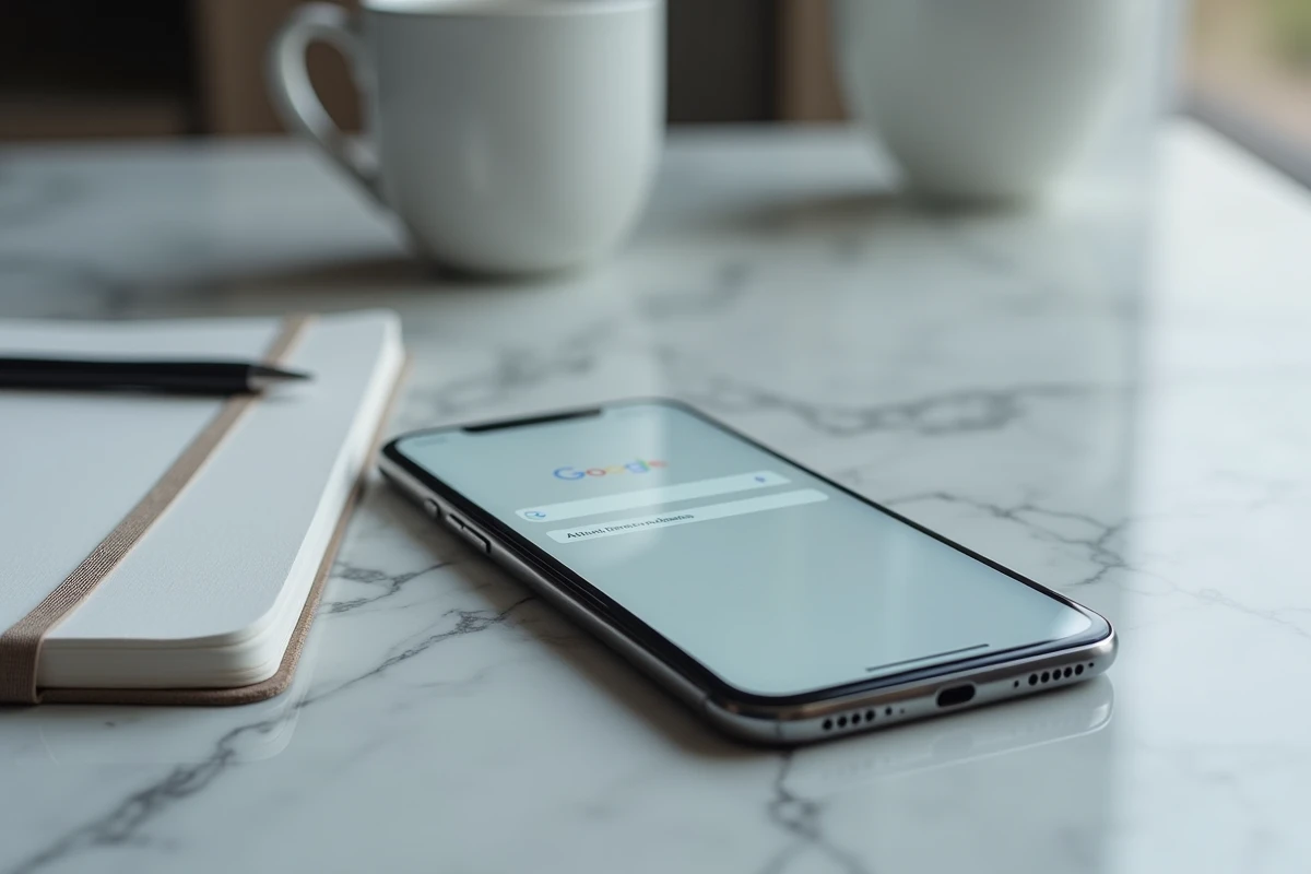 Smartphone affichant une barre de recherche Google avec des suggestions automatiques sur un comptoir en marbre, symbolisant les rumeurs et la surveillance numérique de la vie privée