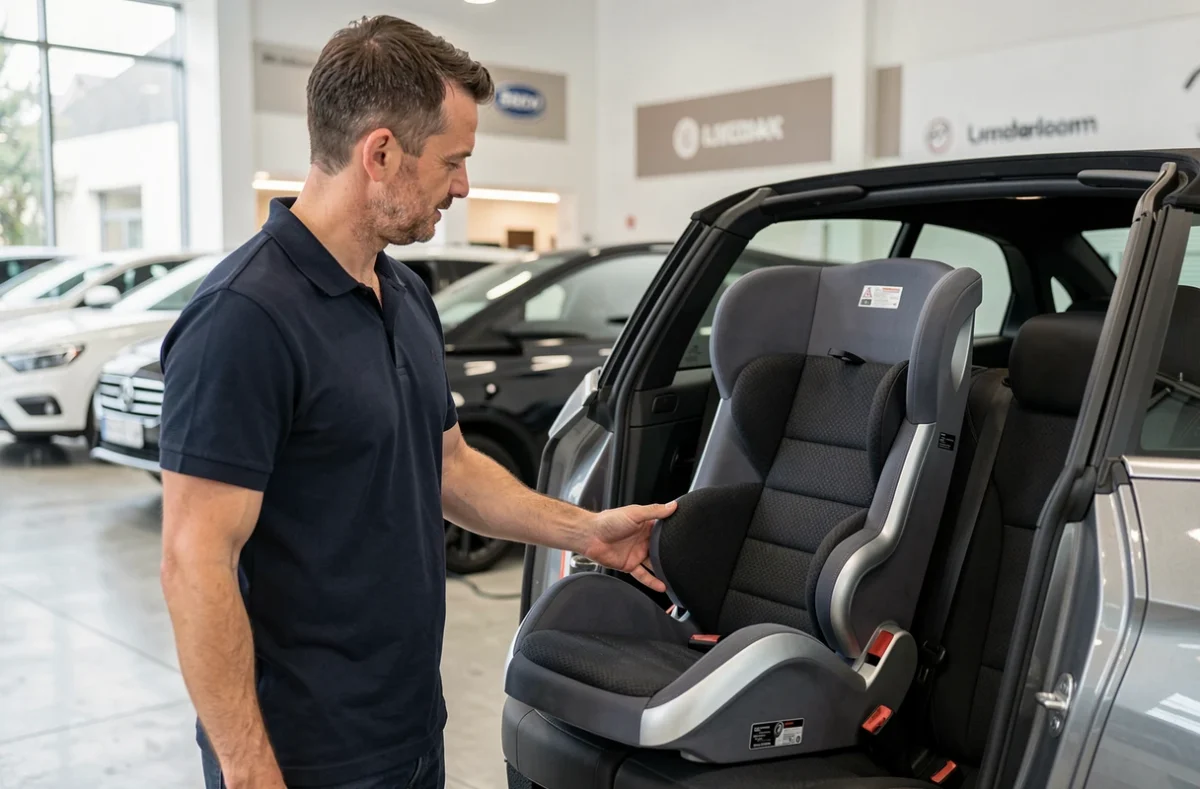 Spécialiste présentant les protections latérales d'un siège auto groupe 1 convertible en showroom automobile