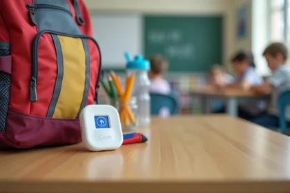 Traceur GPS compact pour enfant posé sur un bureau scolaire à côté d'un sac à dos coloré
