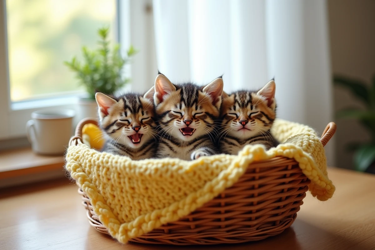 Trois chatons tigrés endormis dans un panier en osier, illustrant la chanson trois petits chats pour bébé