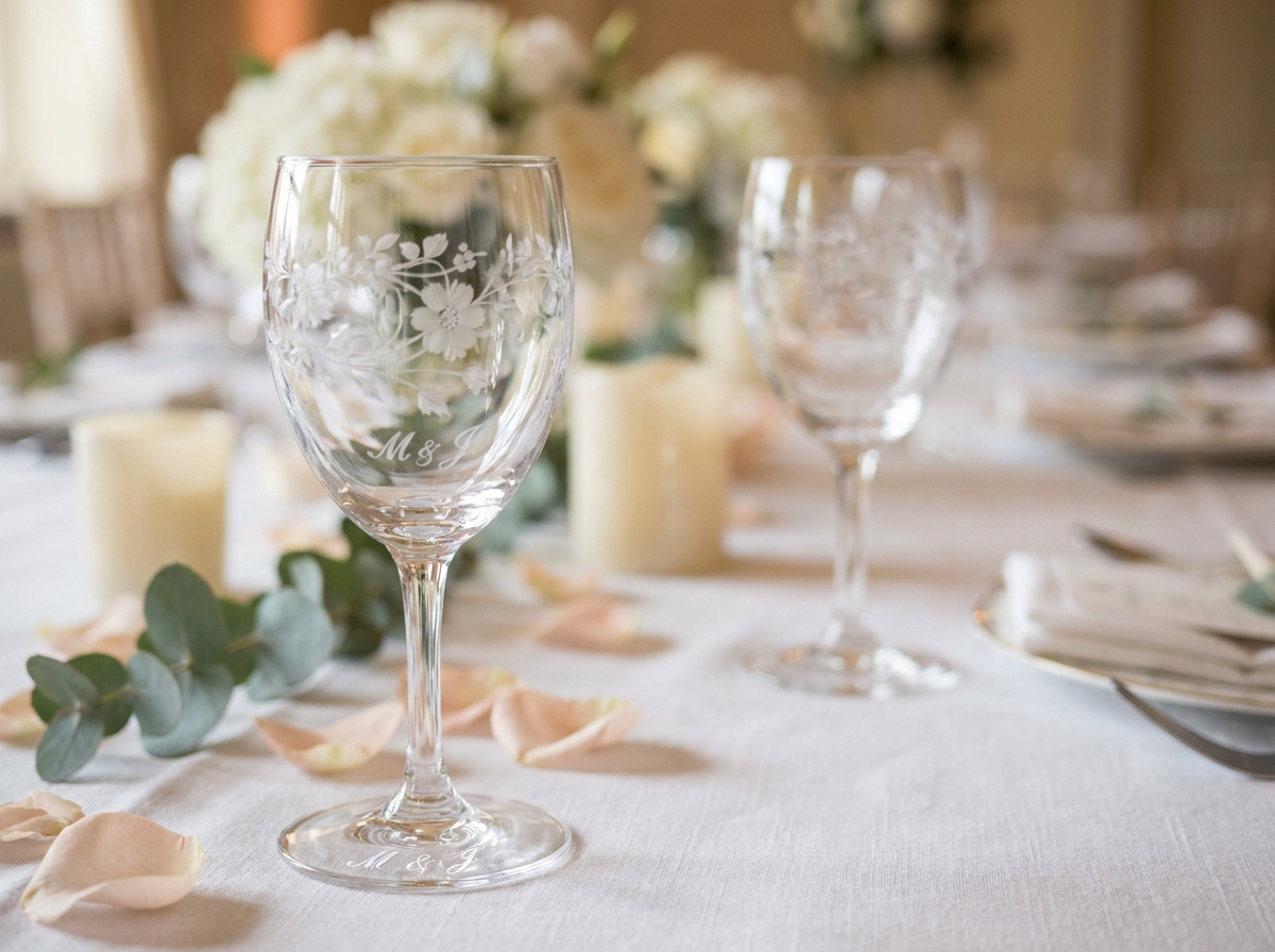 Deux verres en cristal gravés avec des initiales et des motifs floraux délicats, posés sur une nappe blanche lors d'une réception de mariage élégante