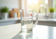 Verre mesureur rempli à 100 ml sur plan de cuisine lumineux