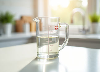 Verre mesureur rempli à 100 ml sur plan de cuisine lumineux