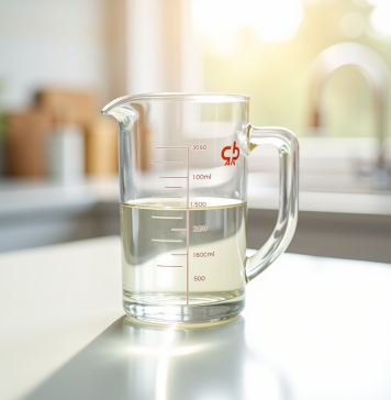 Notions de conversion pour les parents : la correspondance entre 100 ml et cl Verre mesureur rempli à 100 ml sur plan de cuisine lumineux