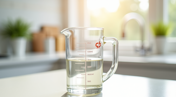 Verre mesureur rempli à 100 ml sur plan de cuisine lumineux
