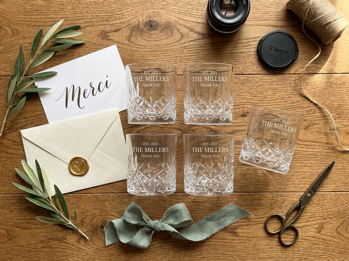 Vue de dessus d'un assortiment de verres à whisky gravés avec motif diamant entourés de papeterie de mariage élégante sur une table en bois rustique