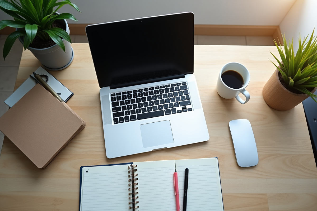 Vue de dessus d un bureau organisé avec ordinateur et café